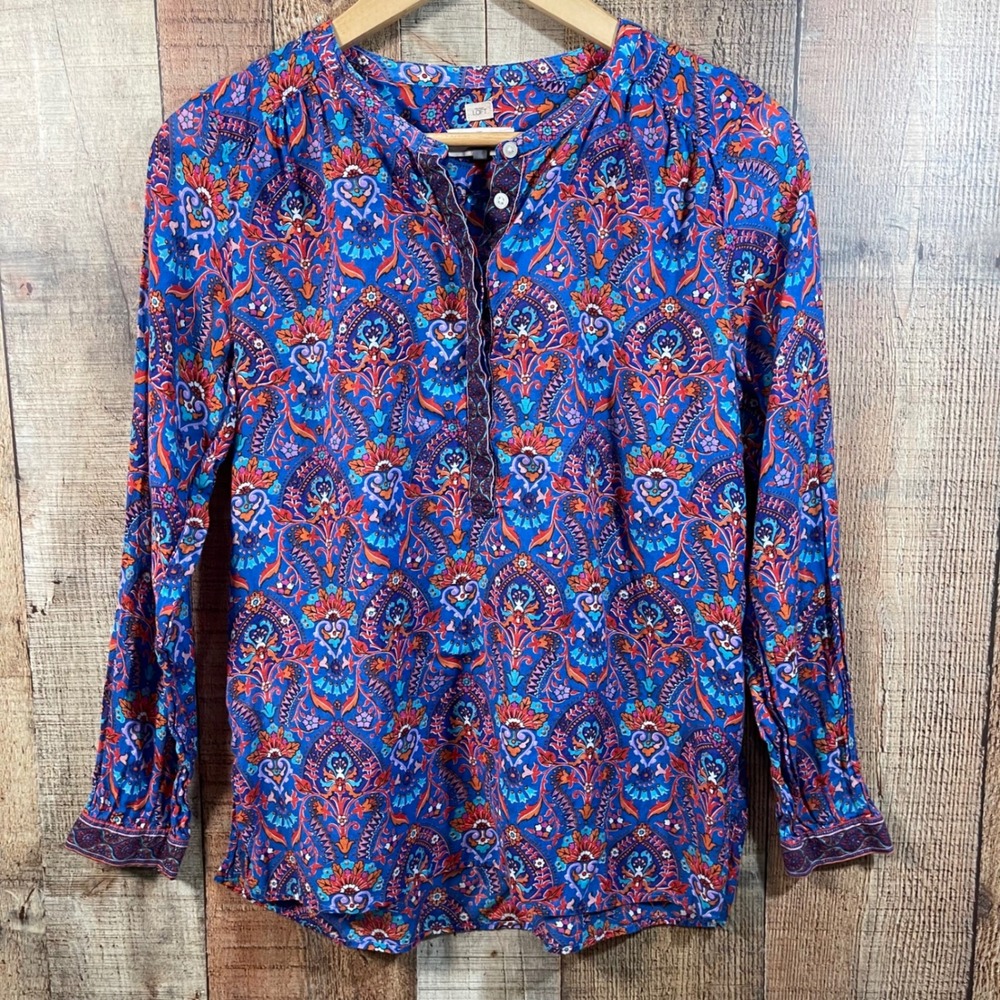 LOFT The Softened Shirt Womens S Blue Orange Paisley Floral Boho Henley Blouse